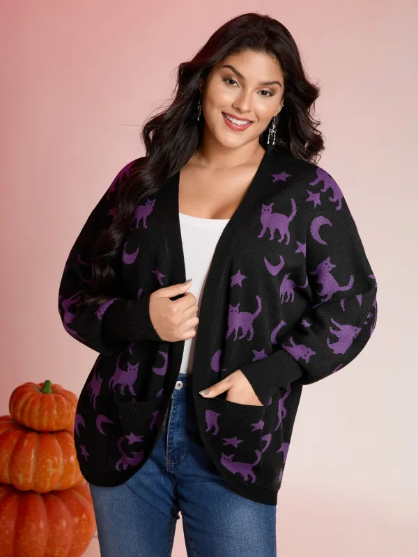 Halloween Jacquard Print Pockets Knit Cardigan sold by Bloomchic