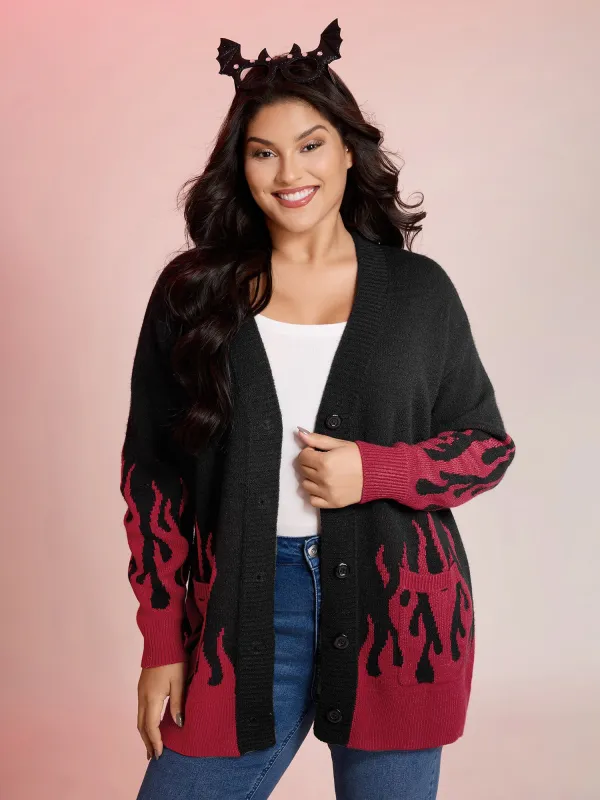 Flame Pattern Ribbed Hem Pockets Knit Cardigan sold by Bloomchic