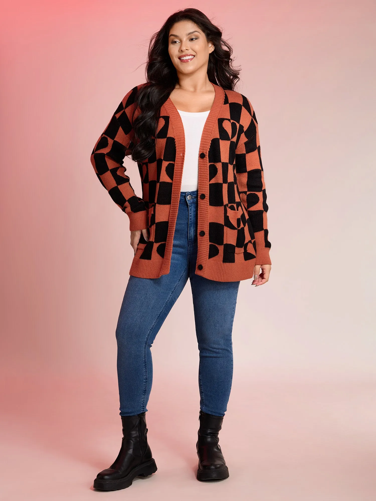 Supersoft Checkered Hearts Stretchy Knit Cardigan sold by Bloomchic product image thumbnail 4
