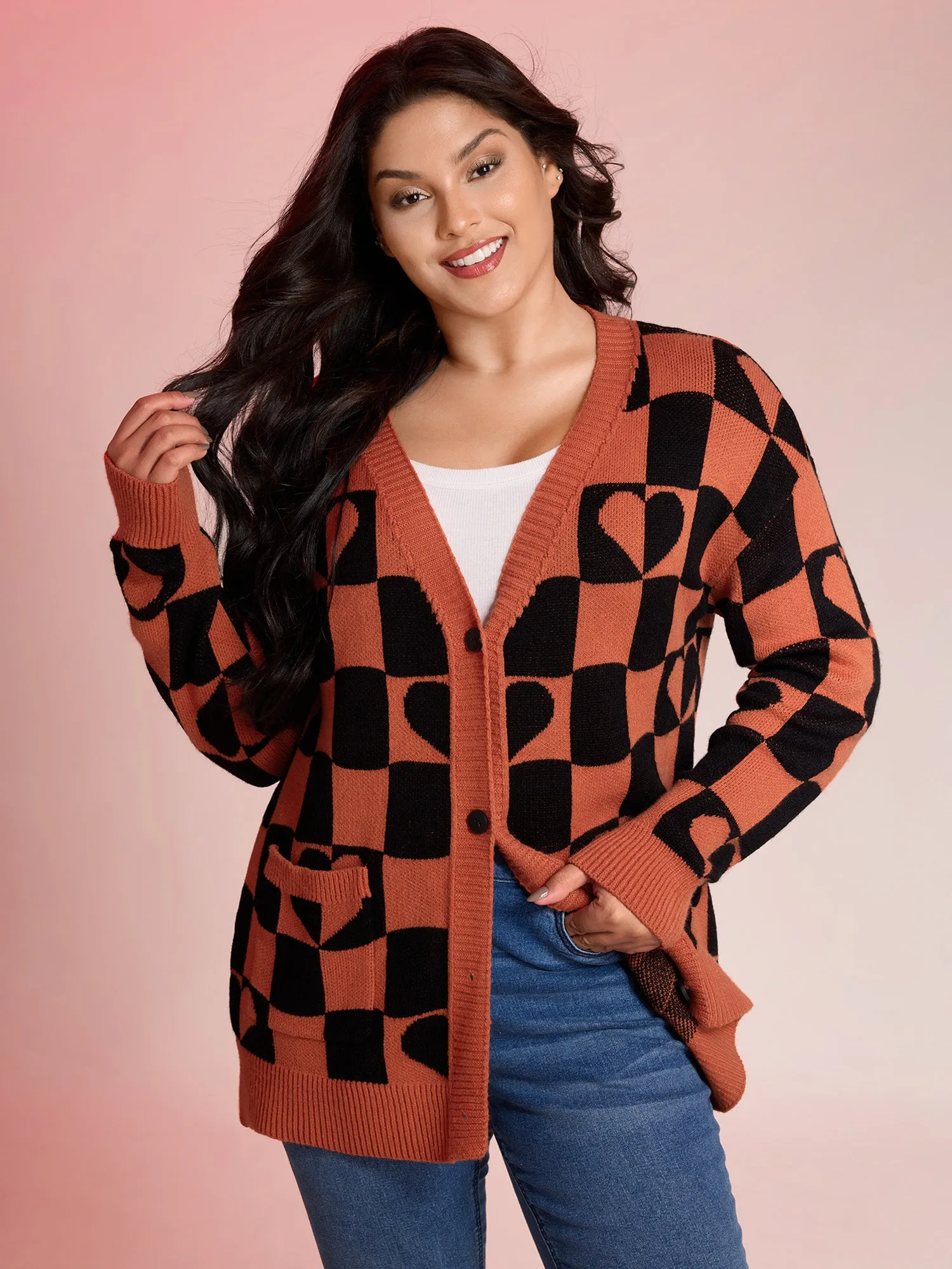 Supersoft Checkered Hearts Stretchy Knit Cardigan sold by Bloomchic product image thumbnail 3