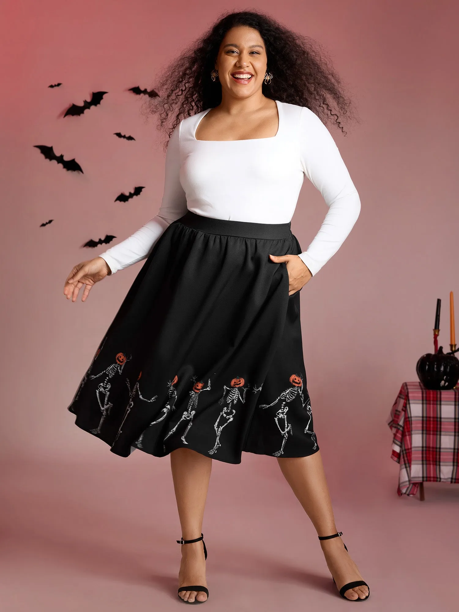 Pumpkin Head Skeleton Print Flared Midi Dress sold by Bloomchic product image thumbnail 2