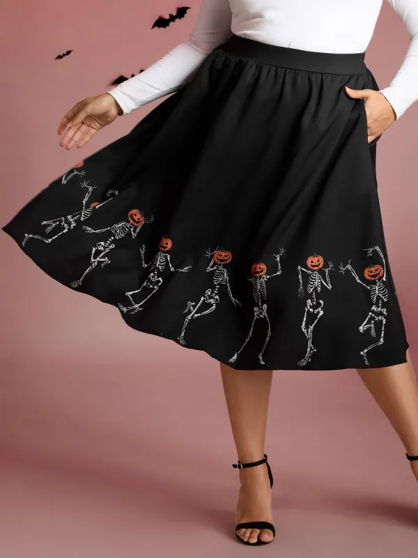 Pumpkin Head Skeleton Print Flared Midi Dress sold by Bloomchic