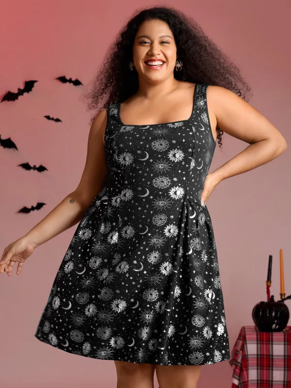 Star Moon Stretchy Square Neck Mini Dress sold by Bloomchic
