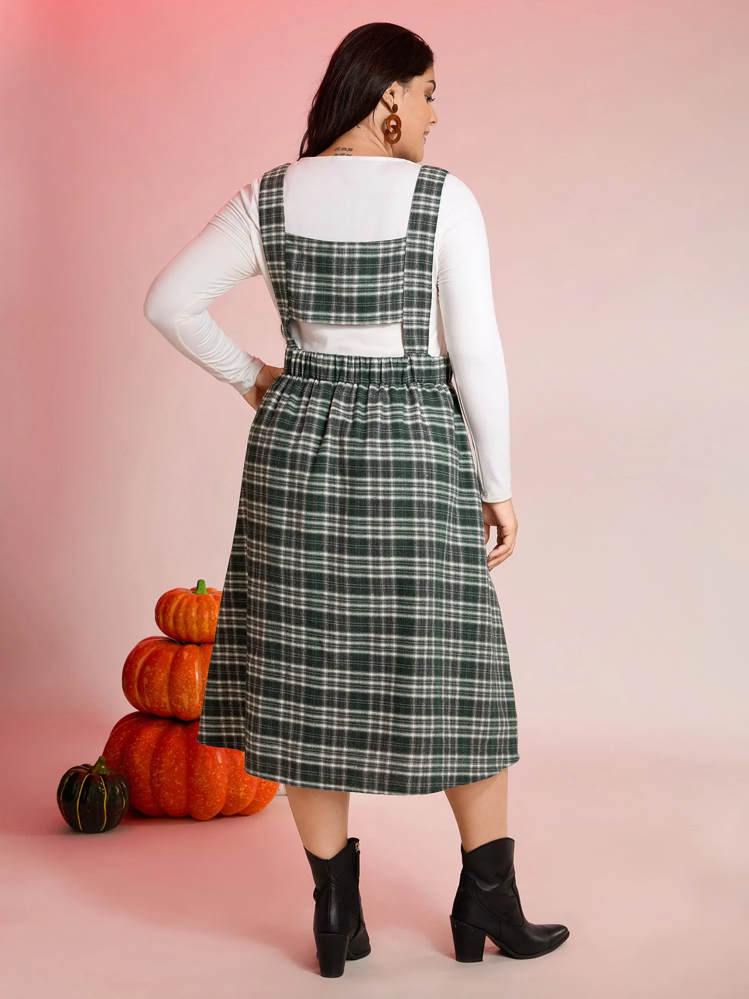 Plaid Pleated Suspender Skirt Adjustable Midi Dress sold by Bloomchic product image thumbnail 4