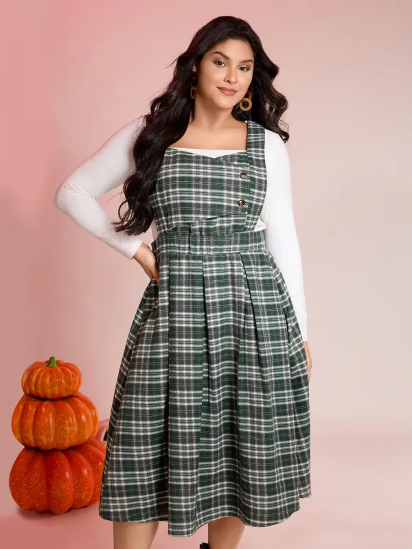 Plaid Pleated Suspender Skirt Adjustable Midi Dress sold by Bloomchic