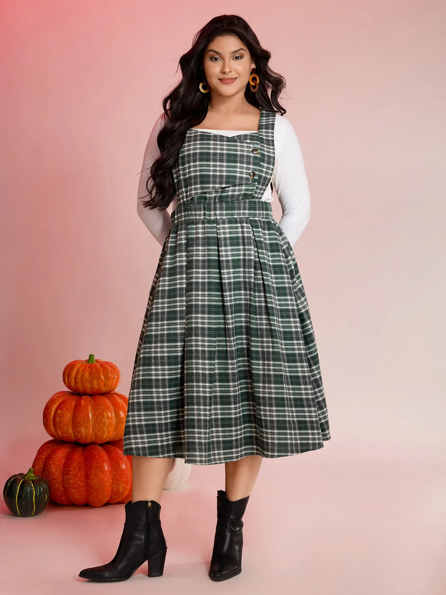 Plaid Pleated Suspender Skirt Adjustable Midi Dress sold by Bloomchic product image thumbnail 3