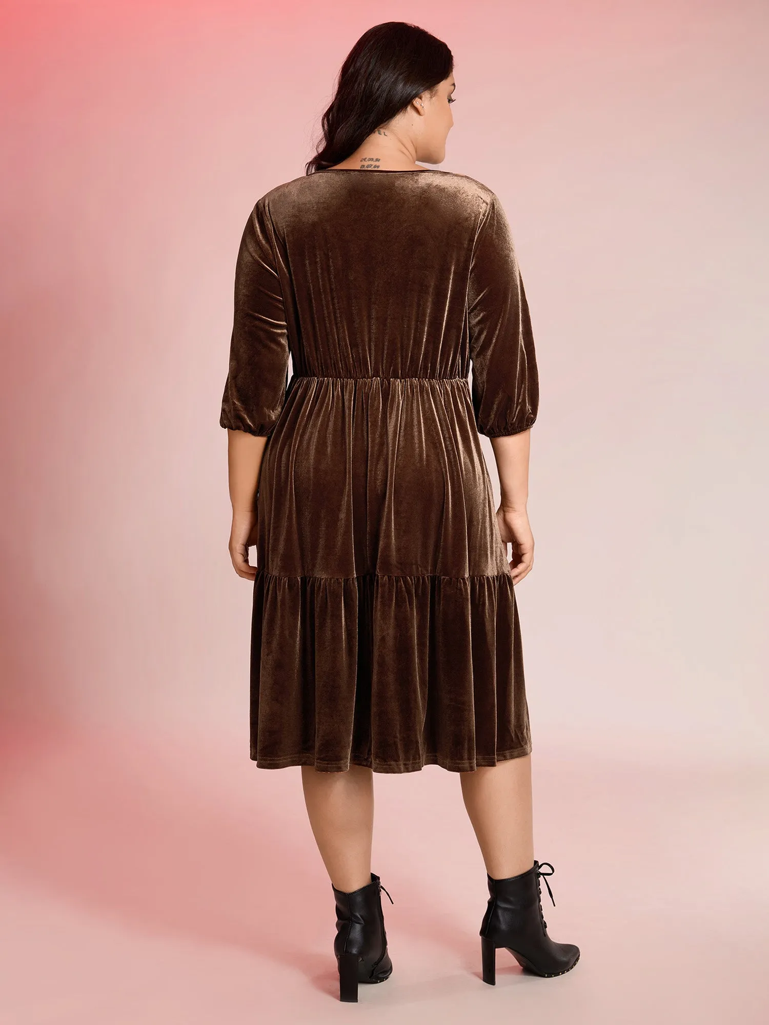 Velvet V-Neck Cinched-Waist Midi Dress sold by Bloomchic product image thumbnail 4