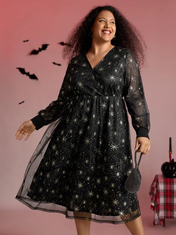 Star Moon Mesh Cinched-Waist Midi Dress sold by Bloomchic