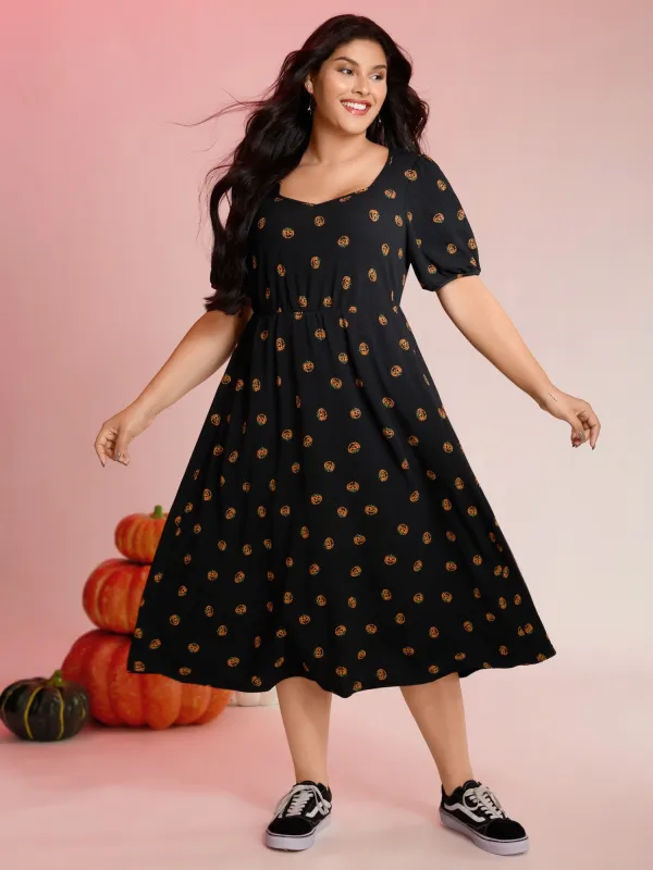 Micro Pumpkin Print Stretchy Midi Dress sold by Bloomchic