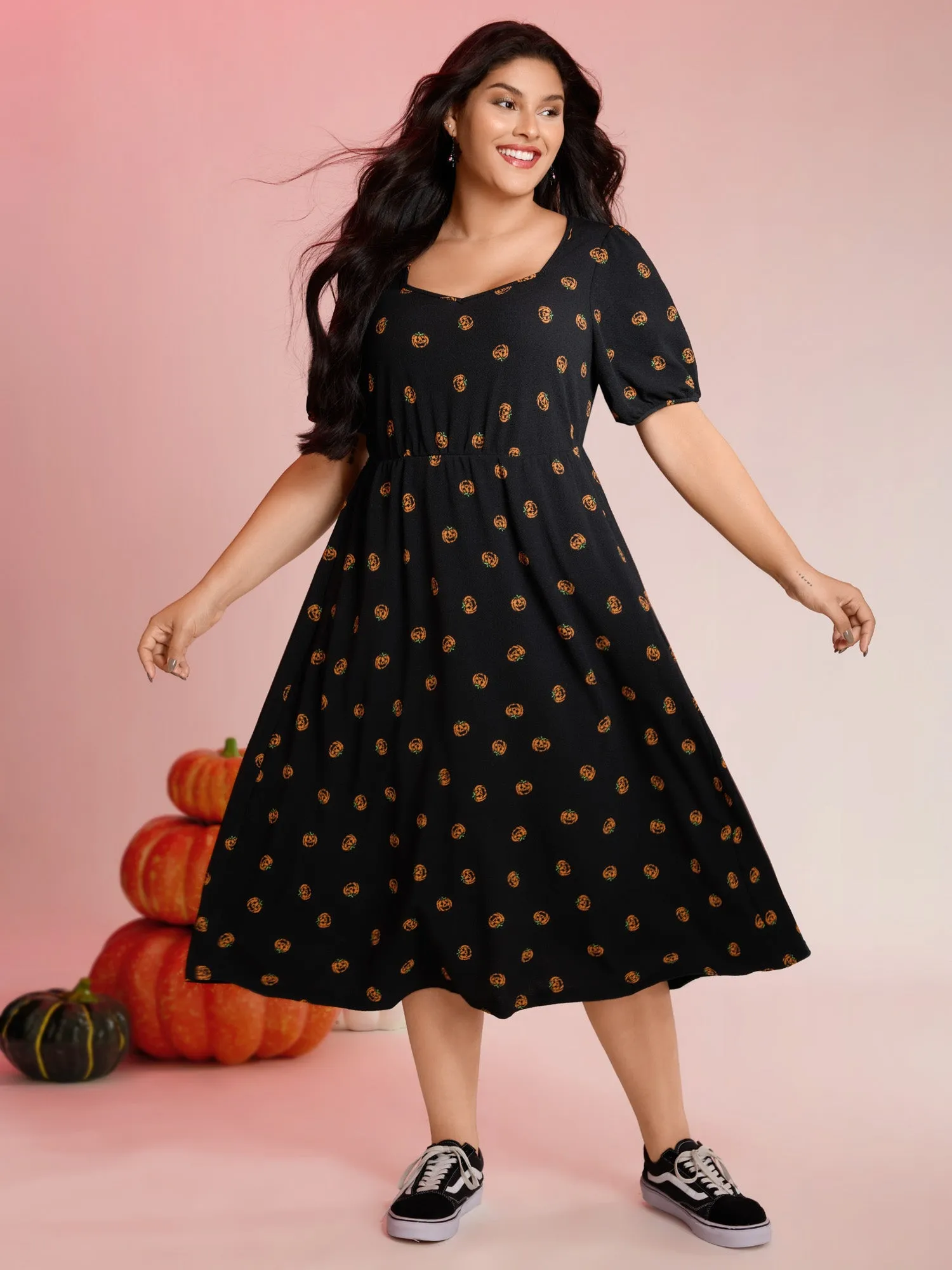 Micro Pumpkin Print Stretchy Midi Dress sold by Bloomchic