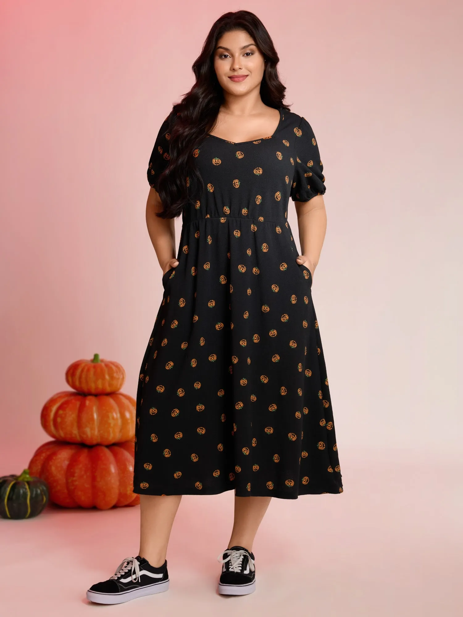 Micro Pumpkin Print Stretchy Midi Dress sold by Bloomchic product image thumbnail 3