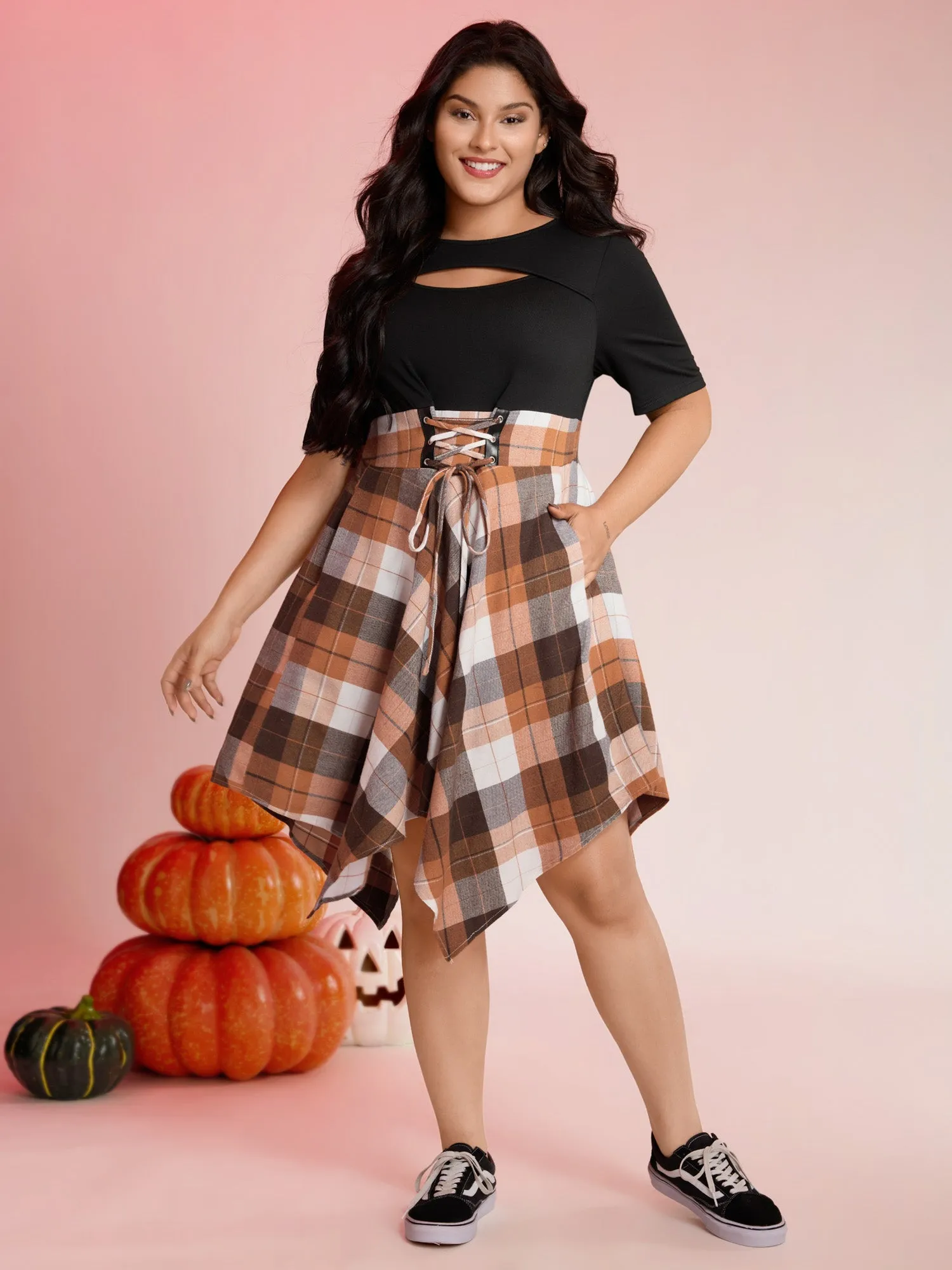 Halloween Plaid Wide Waistband Tie Midi Dress sold by Bloomchic product image thumbnail 3