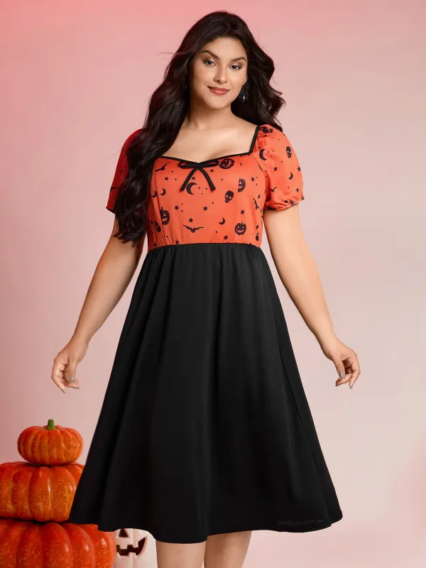 Scary Halloween Print Colorblock Midi Dress made by Bloomchic