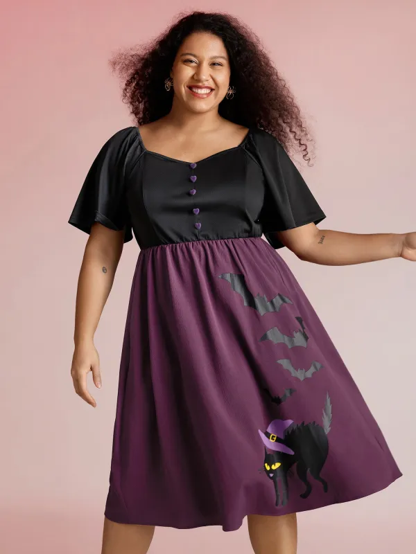 Wicked Halloween Print Contrast Button Midi Dress sold by Bloomchic