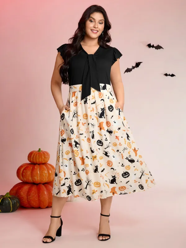 Halloween Print Spliced Neck-Tie Midi Dress sold by Bloomchic