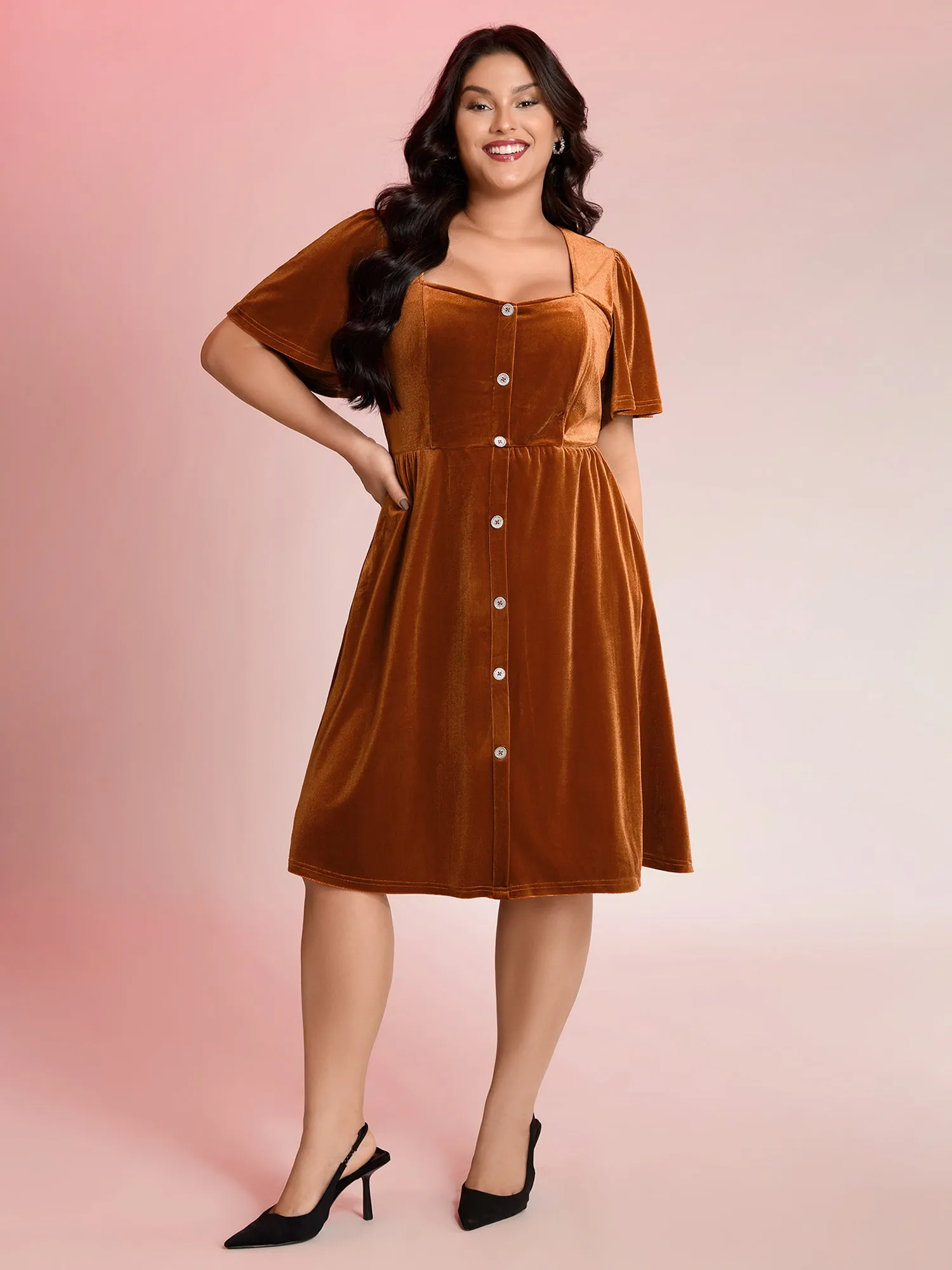 Velvet Button Pockets Flutter Sleeve Midi Dress sold by Bloomchic product image thumbnail 3