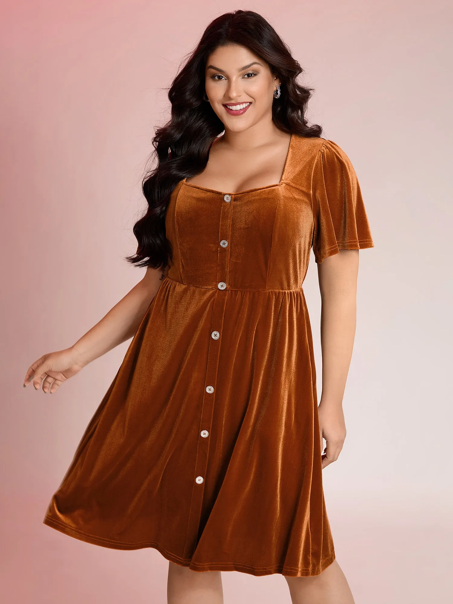 Velvet Button Pockets Flutter Sleeve Midi Dress sold by Bloomchic