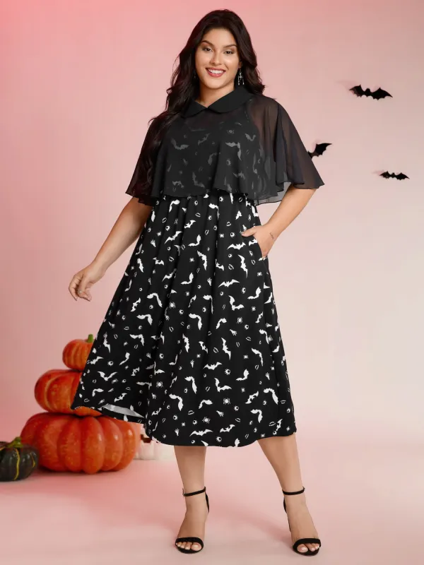 Halloween Bat Print Contrast Two-Piece Midi Dress sold by Bloomchic