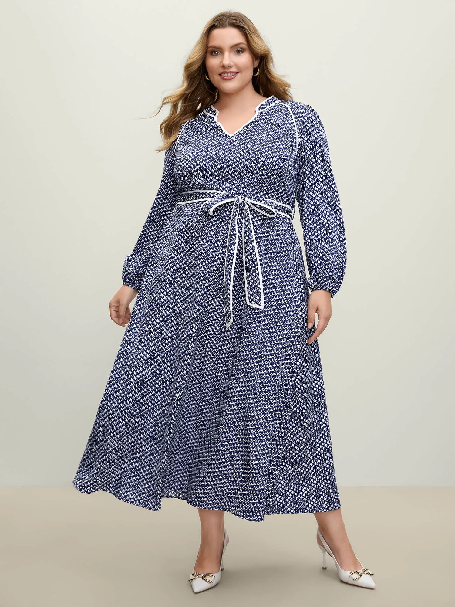 Micro Geometric Print Waist-Tie Maxi Dress sold by Bloomchic