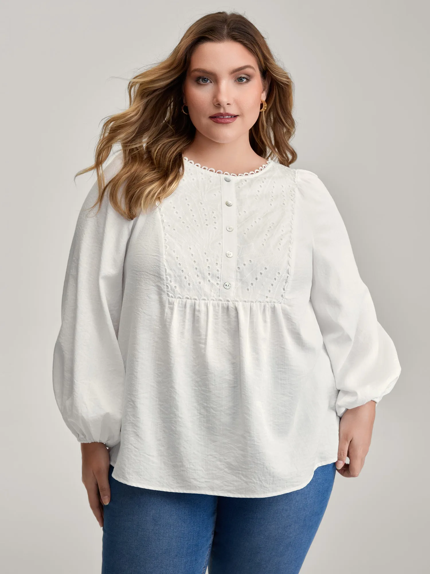 Lace Trim Button Decor Blouse sold by Bloomchic