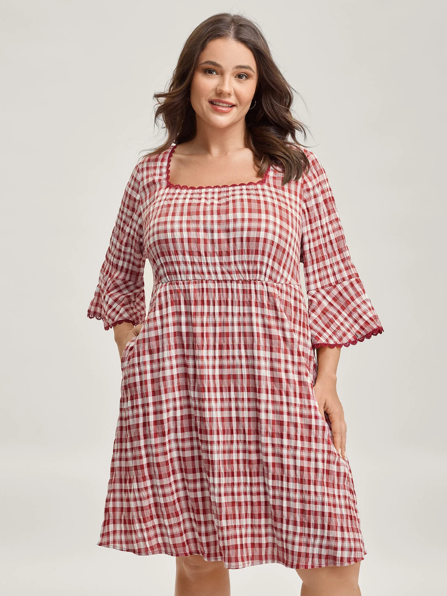 Gingham Print Stretchy Waist Back-Tie Midi Dress sold by Bloomchic product image thumbnail 2