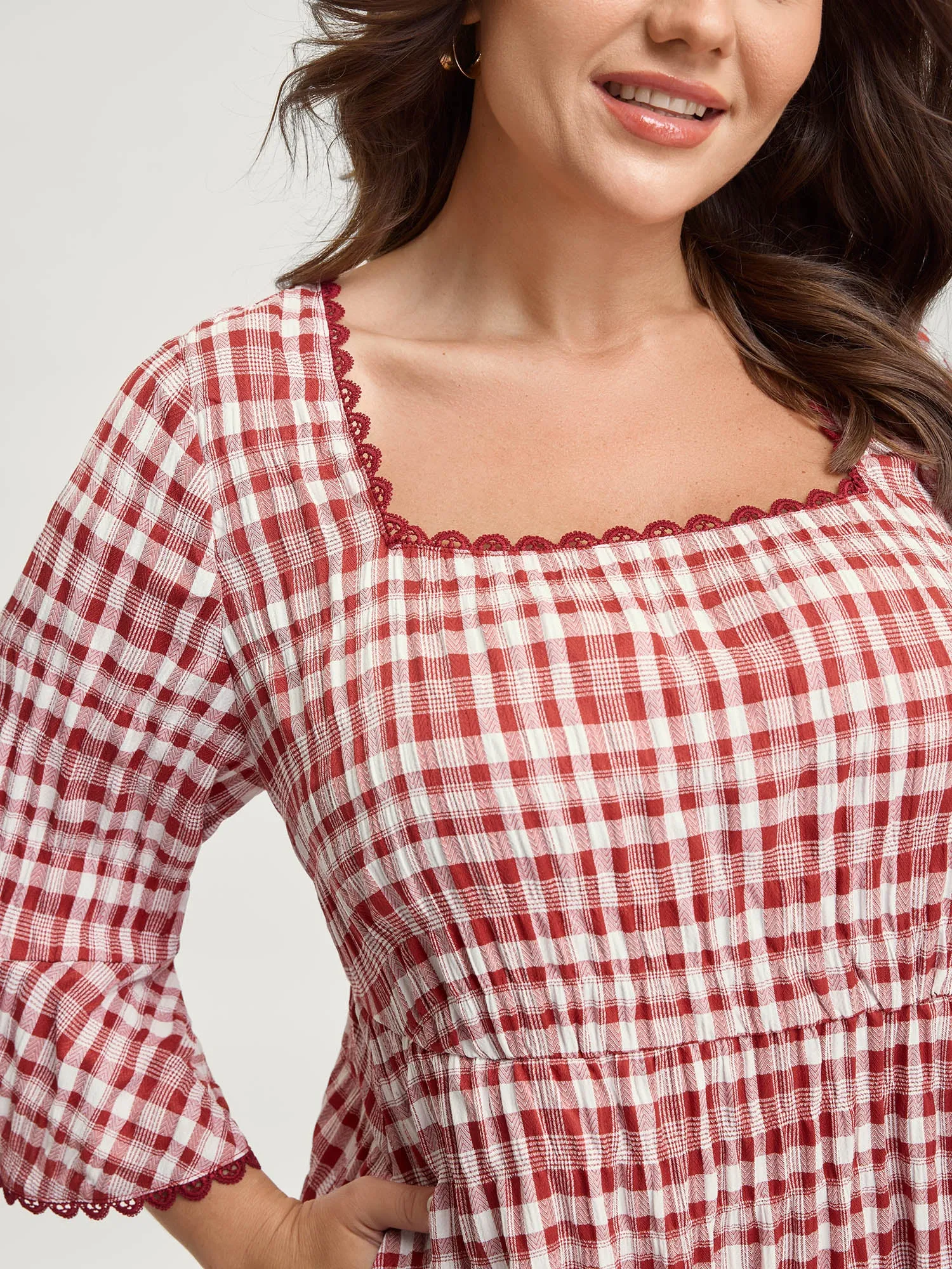 Gingham Print Stretchy Waist Back-Tie Midi Dress sold by Bloomchic product image thumbnail 4