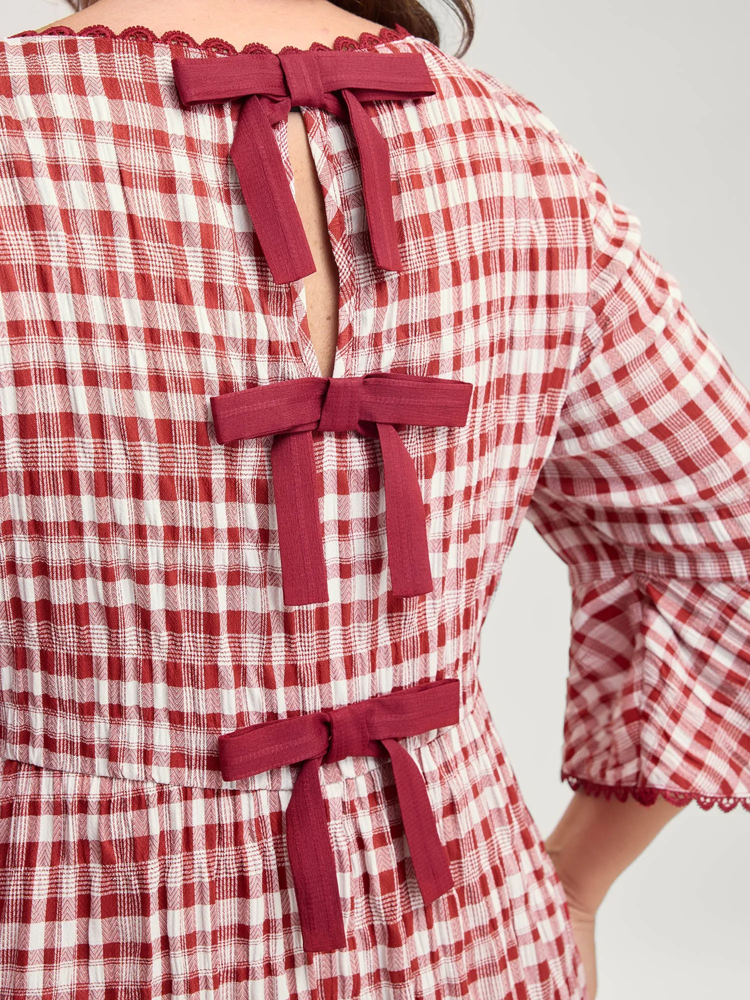 Gingham Print Stretchy Waist Back-Tie Midi Dress sold by Bloomchic product image thumbnail 3