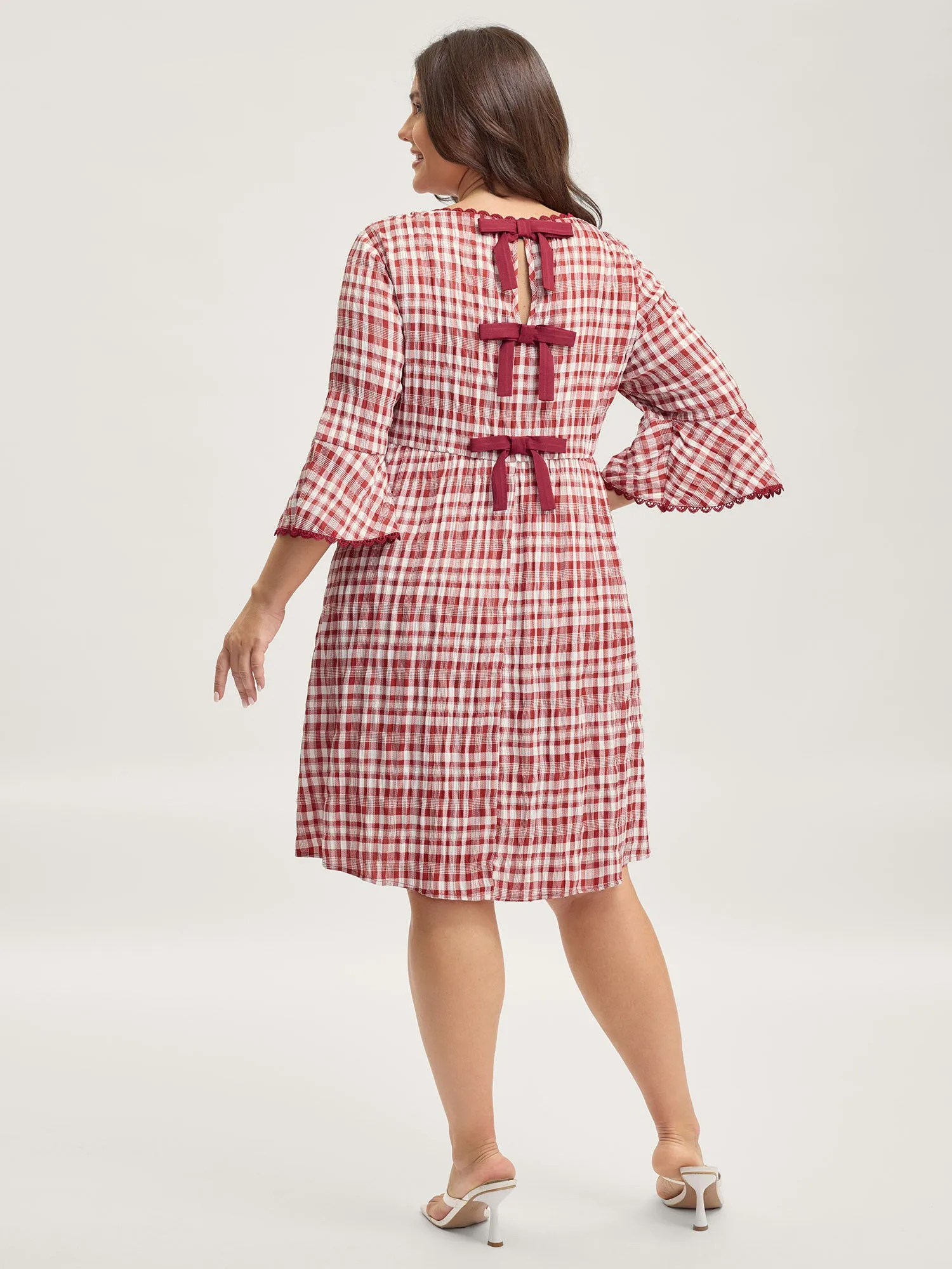 Gingham Print Stretchy Waist Back-Tie Midi Dress sold by Bloomchic