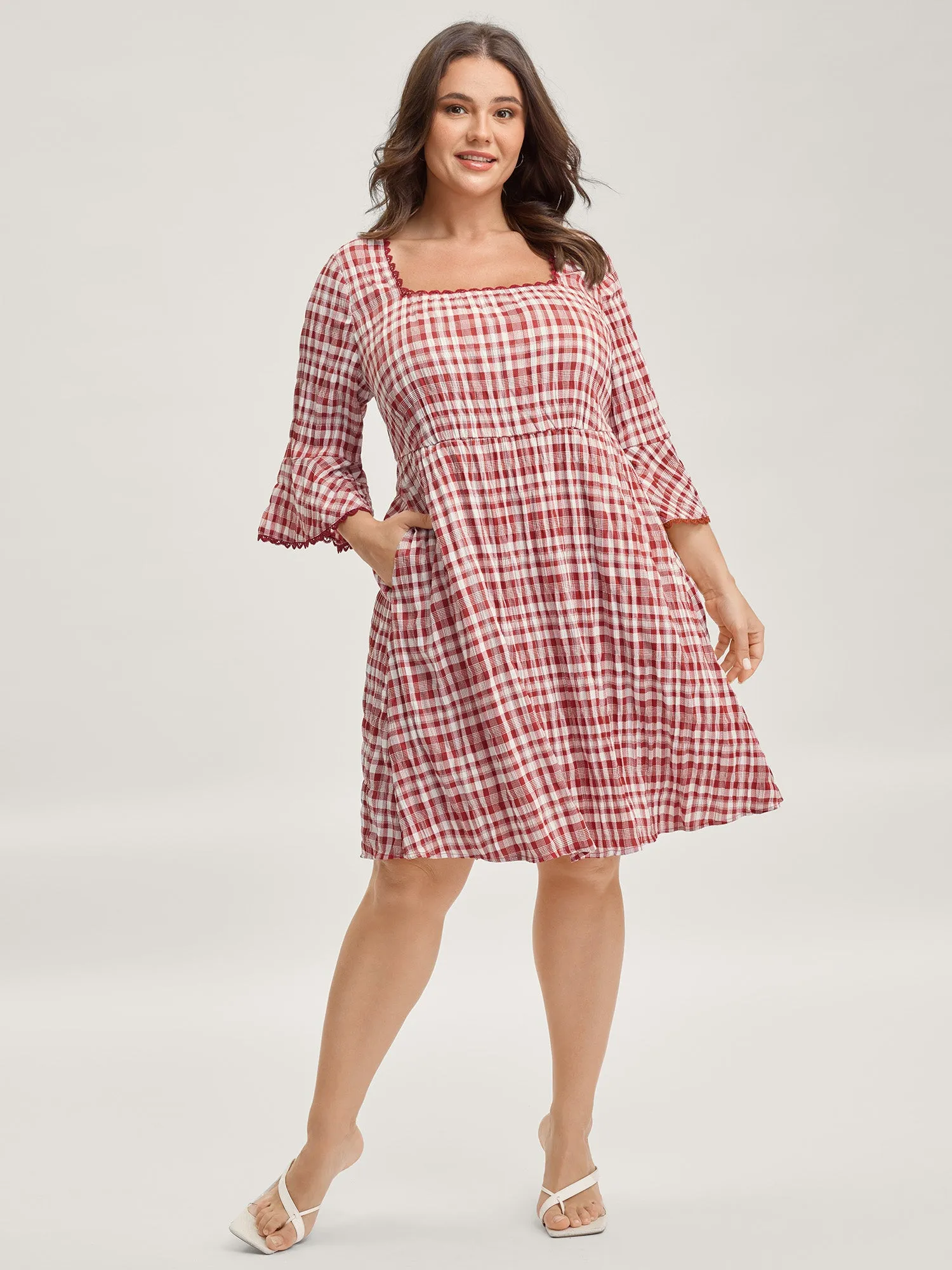 Gingham Print Stretchy Waist Back-Tie Midi Dress sold by Bloomchic product image thumbnail 5