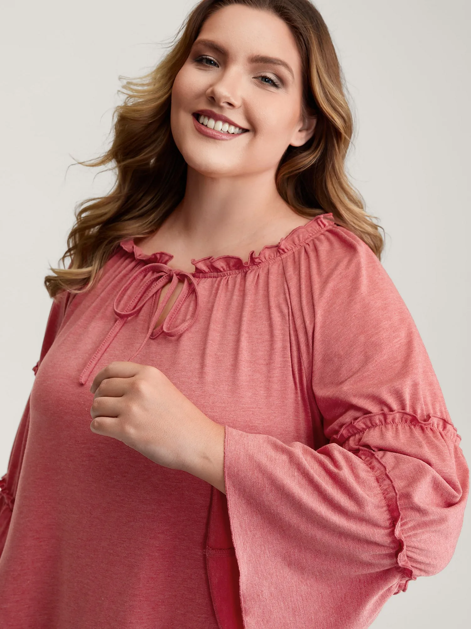Supersoft Tiered Ruffled Sleeve Neck-Tie Top sold by Bloomchic product image thumbnail 2