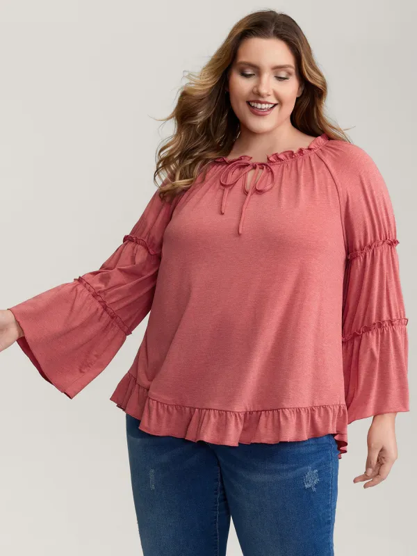 Supersoft Tiered Ruffled Sleeve Neck-Tie Top sold by Bloomchic