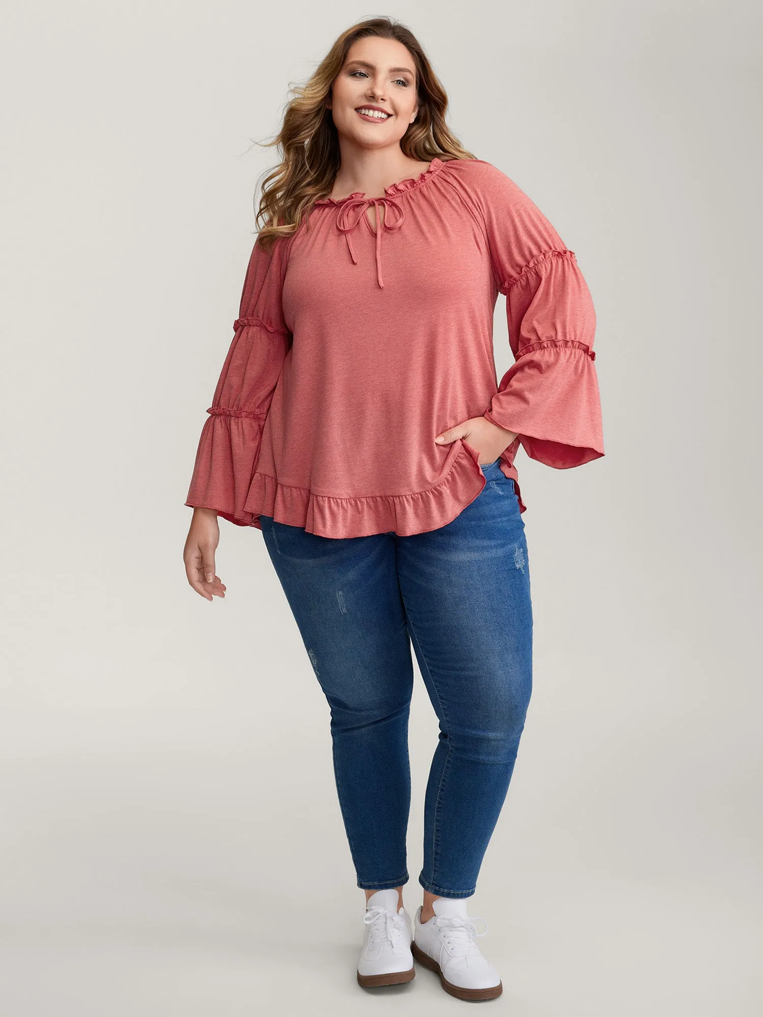 Supersoft Tiered Ruffled Sleeve Neck-Tie Top sold by Bloomchic product image thumbnail 3