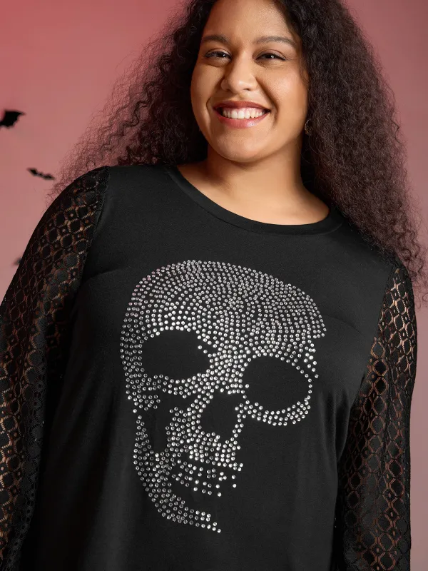 Halloween Skull Shimmery Rhinestones Lace T-Shirt sold by Bloomchic