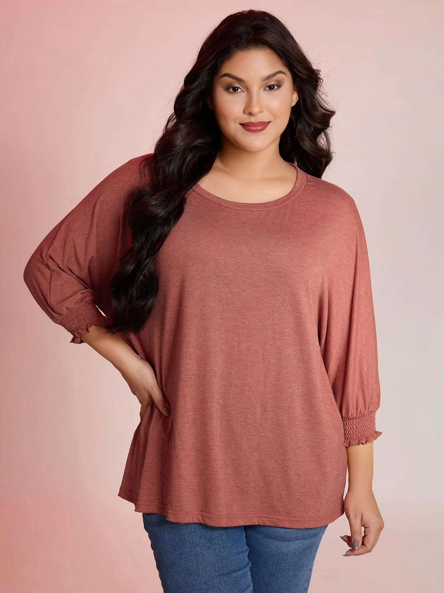 Shirred Cuff Sleeve Round Neck T-Shirt sold by Bloomchic product image thumbnail 2