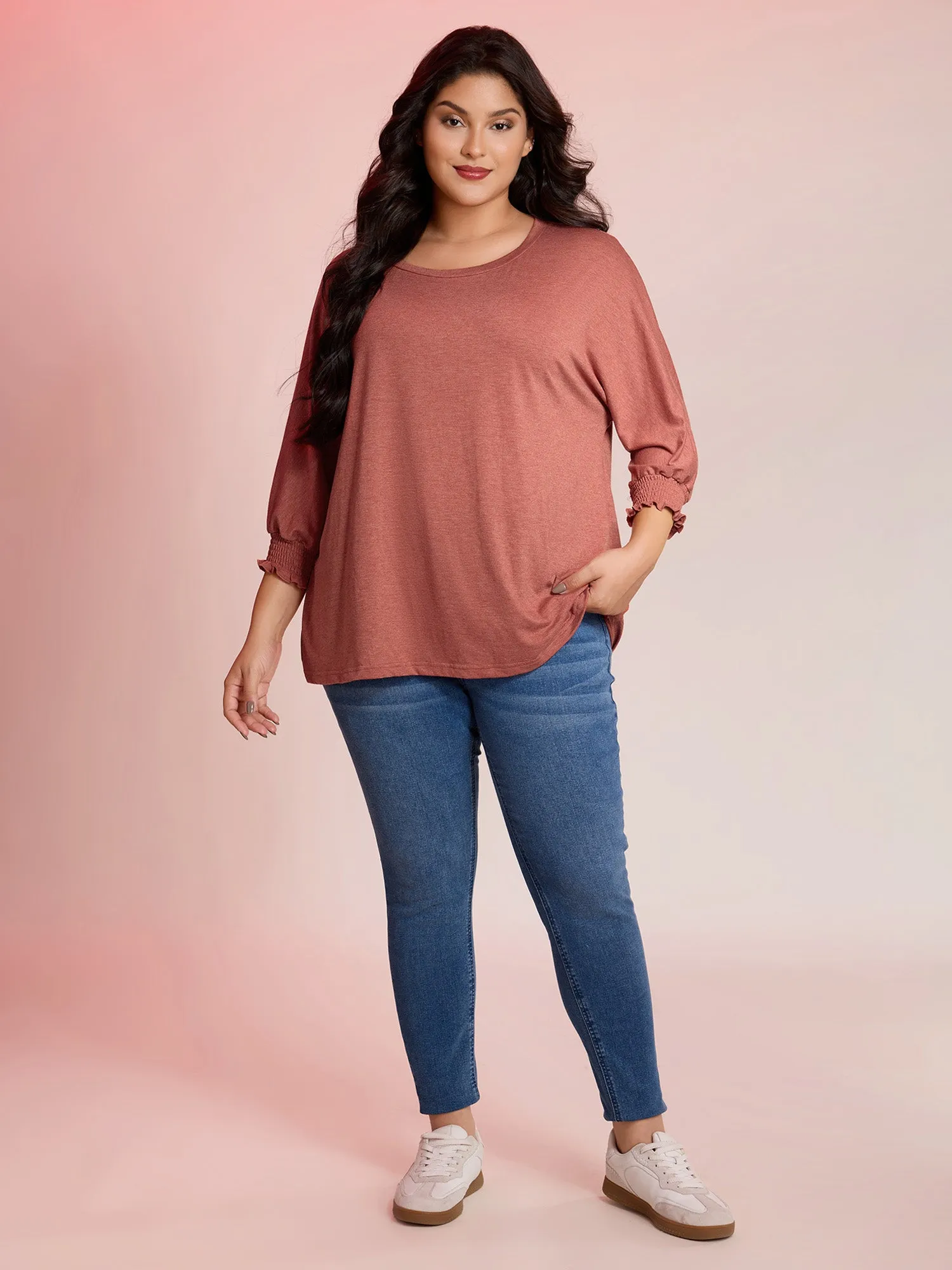 Shirred Cuff Sleeve Round Neck T-Shirt sold by Bloomchic product image thumbnail 3