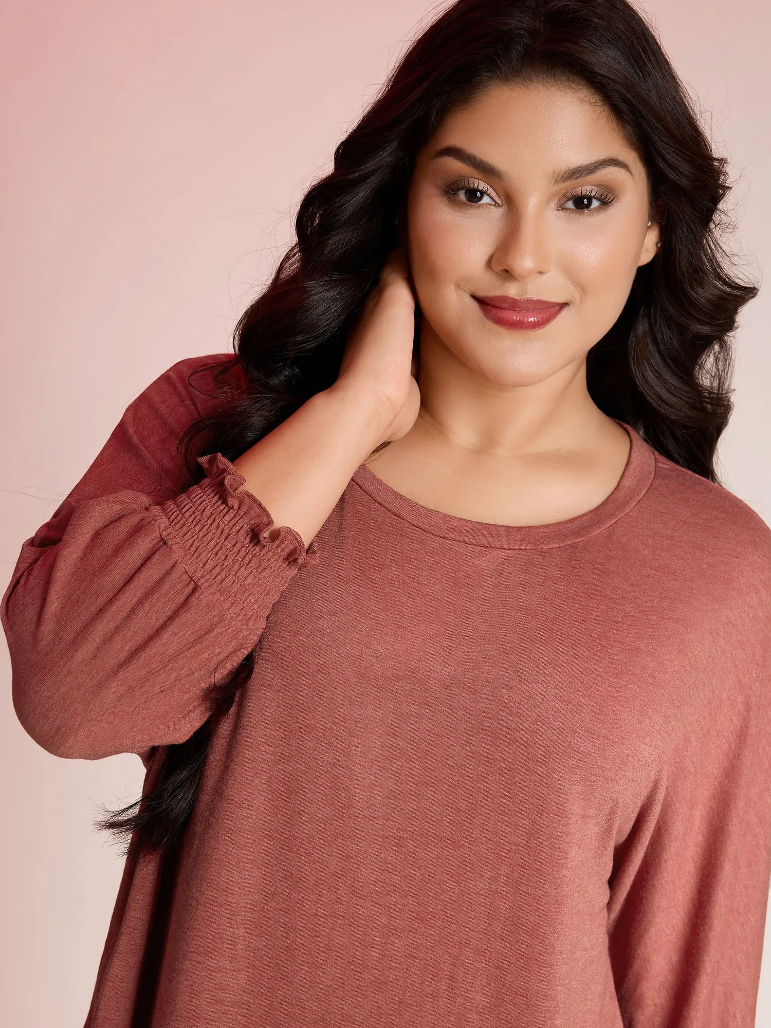 Shirred Cuff Sleeve Round Neck T-Shirt sold by Bloomchic