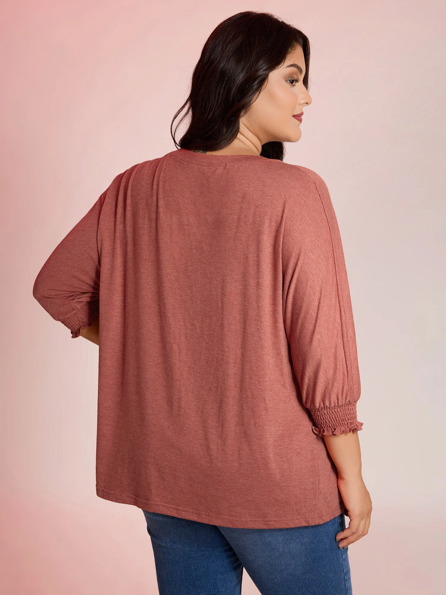 Shirred Cuff Sleeve Round Neck T-Shirt sold by Bloomchic product image thumbnail 4