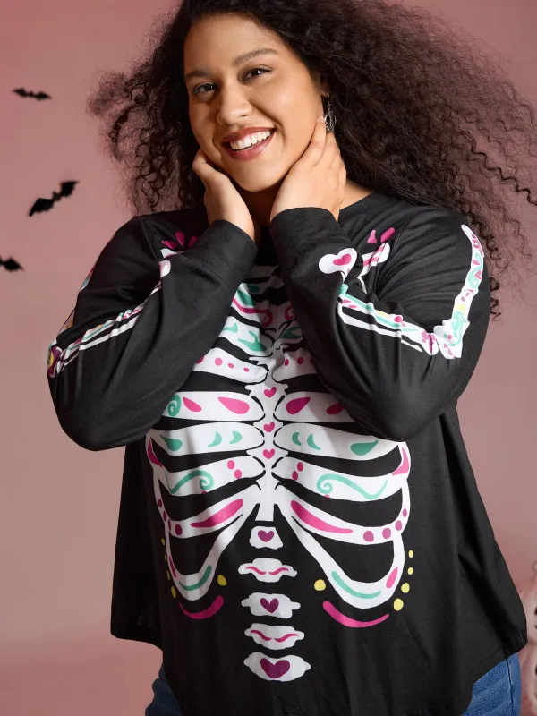 Party Skeleton Print Knit Halloween T-Shirt sold by Bloomchic