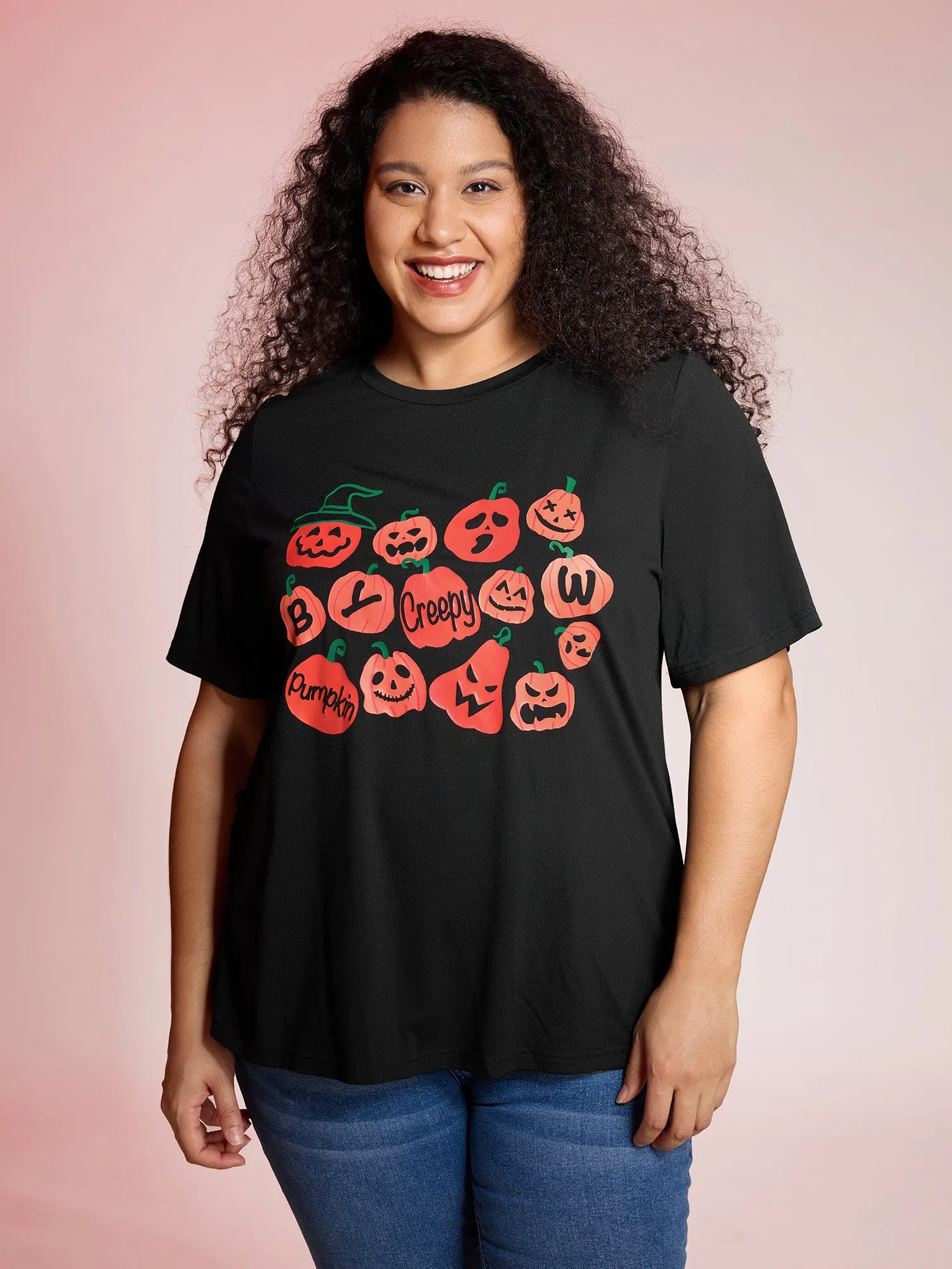 Creepy Pumpkins Stretchy Solid T-Shirt sold by Bloomchic product image thumbnail 2