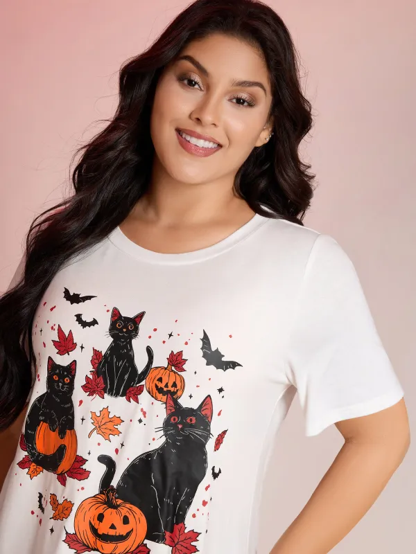 Halloween Cat Print Round Neck T-Shirt sold by Bloomchic