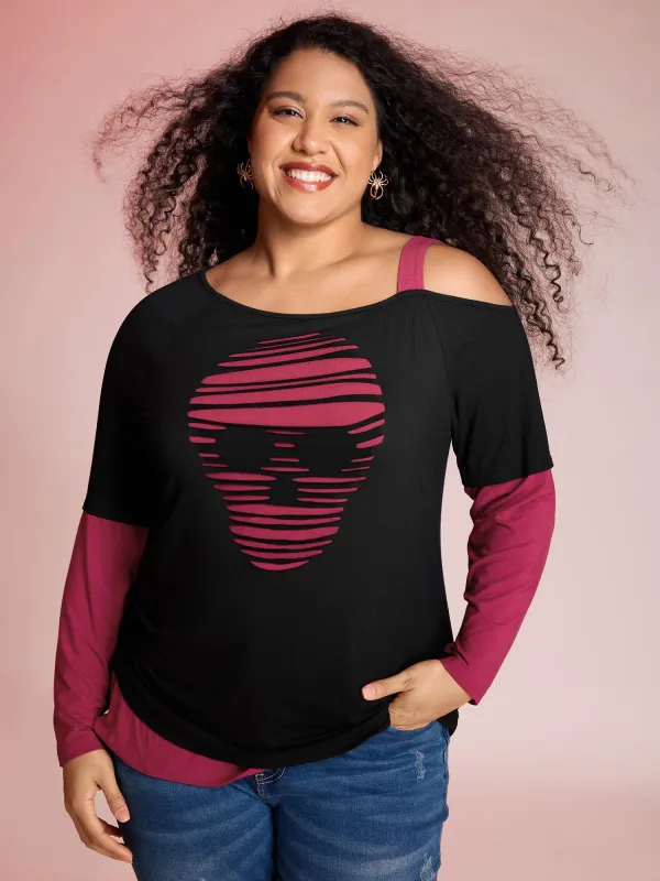 2-in-1 Supersoft Spooky Skull Print T-Shirt sold by Bloomchic