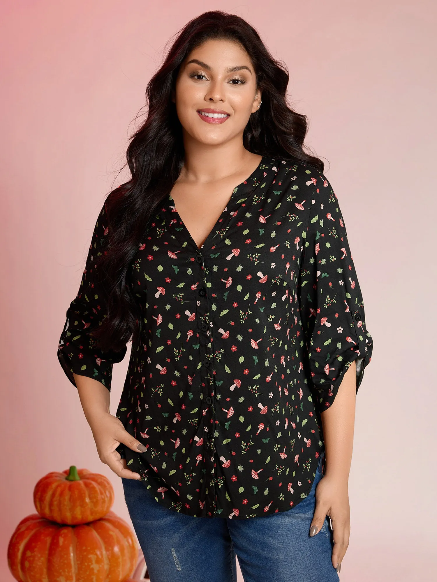 Mushroom Print Adjustable Sleeve Placket Blouse sold by Bloomchic product image thumbnail 2