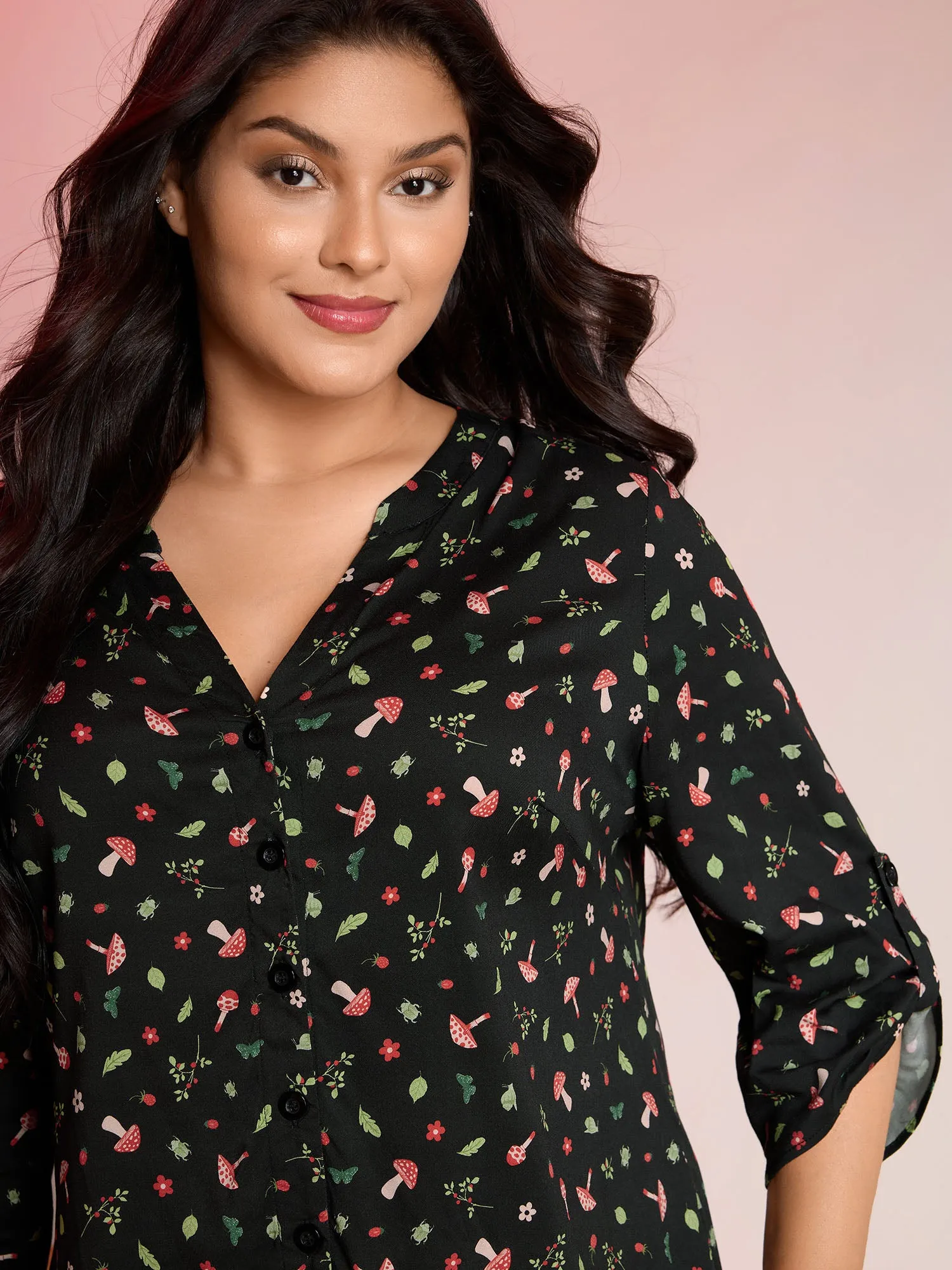 Mushroom Print Adjustable Sleeve Placket Blouse sold by Bloomchic