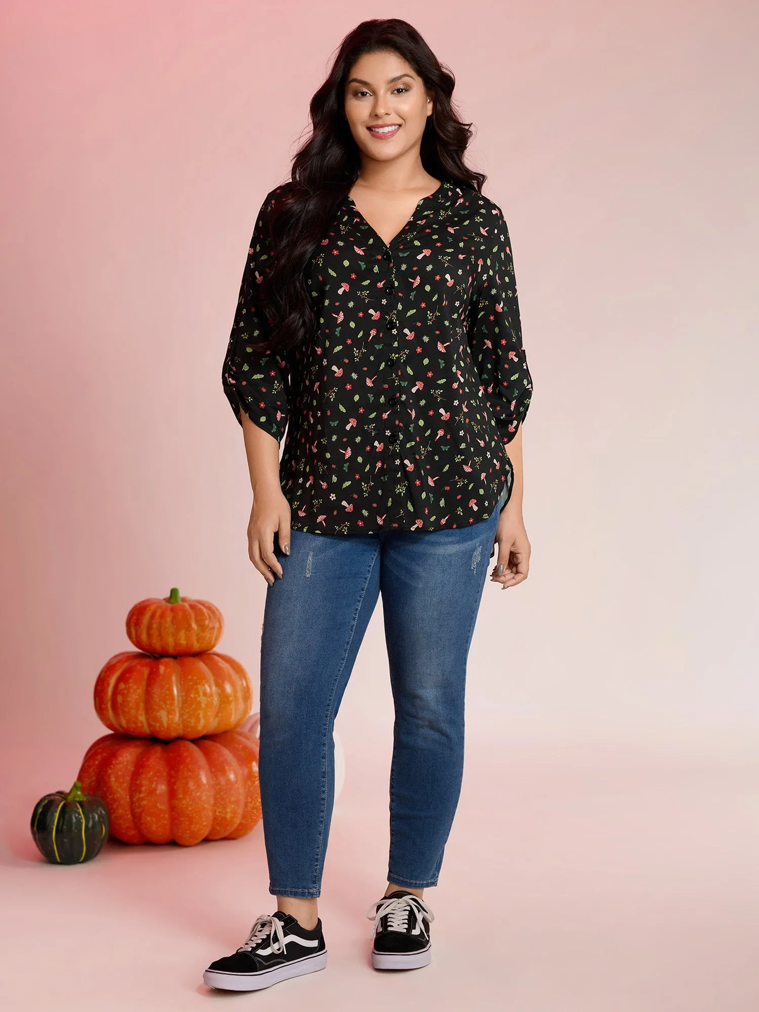 Mushroom Print Adjustable Sleeve Placket Blouse sold by Bloomchic product image thumbnail 3