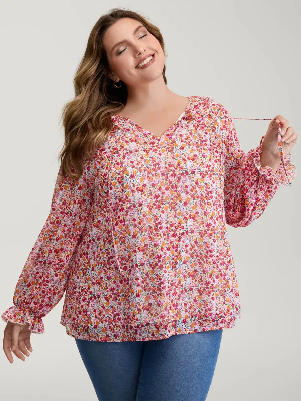 Sweet Floral Print Ruffled Neck Blouse sold by Bloomchic