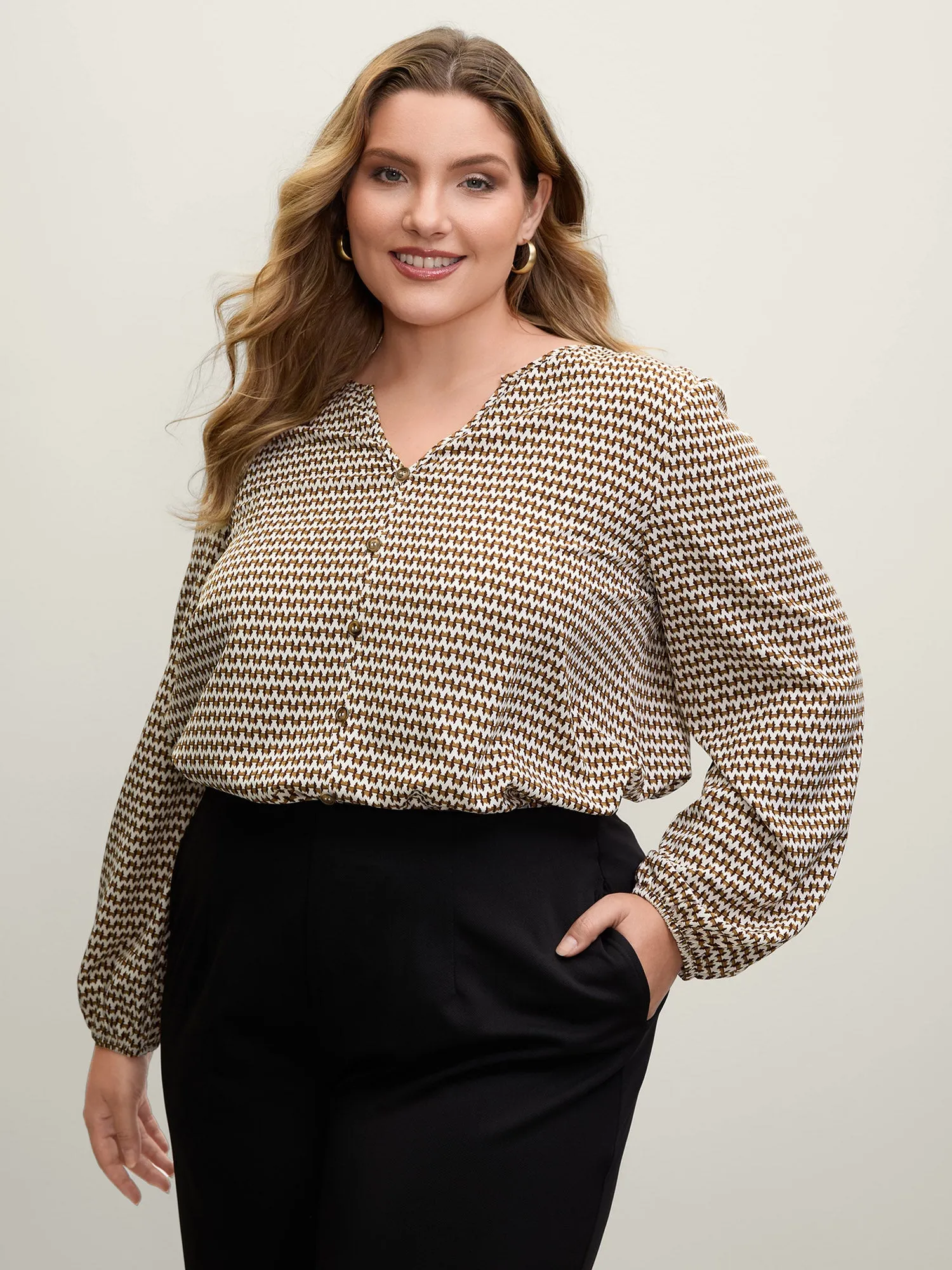 Wavy Stripe Button Detail Split Neck Blouse sold by Bloomchic product image thumbnail 4