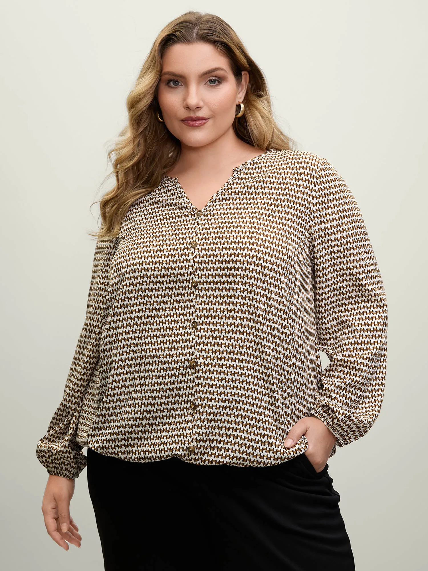 Wavy Stripe Button Detail Split Neck Blouse sold by Bloomchic