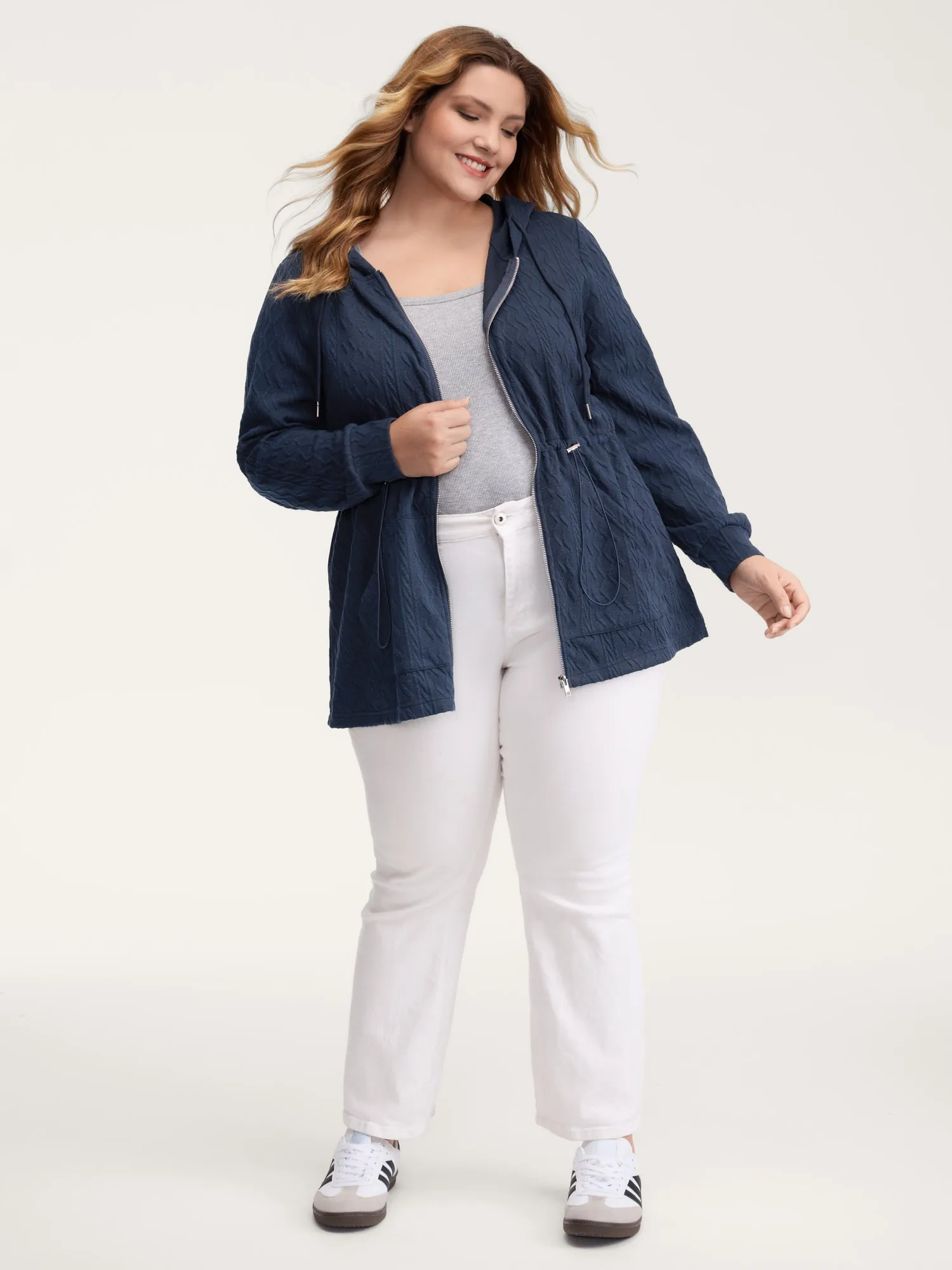 Textured Zipper Drawstring Hooded Jacket sold by Bloomchic product image thumbnail 3