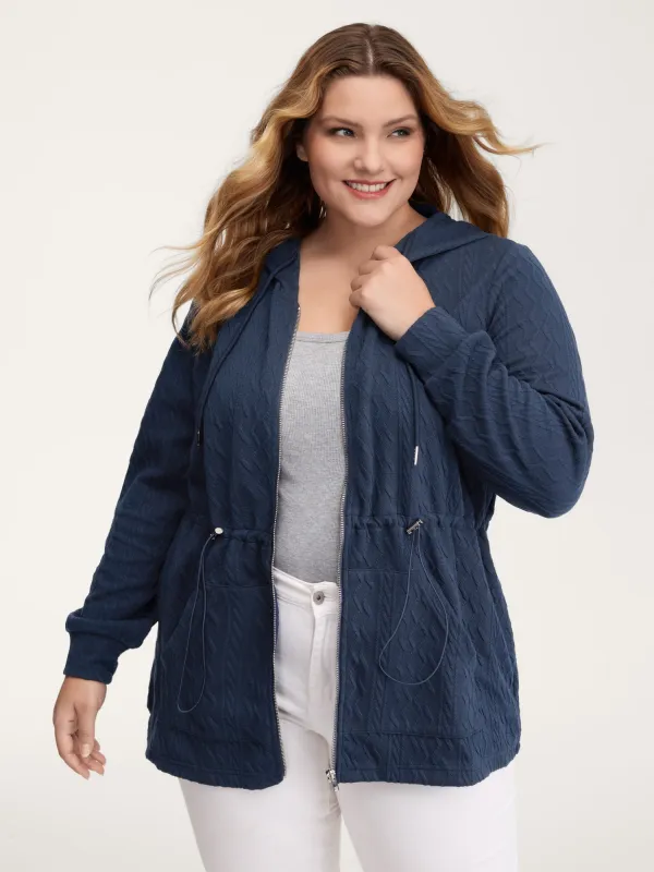 Textured Zipper Drawstring Hooded Jacket sold by Bloomchic