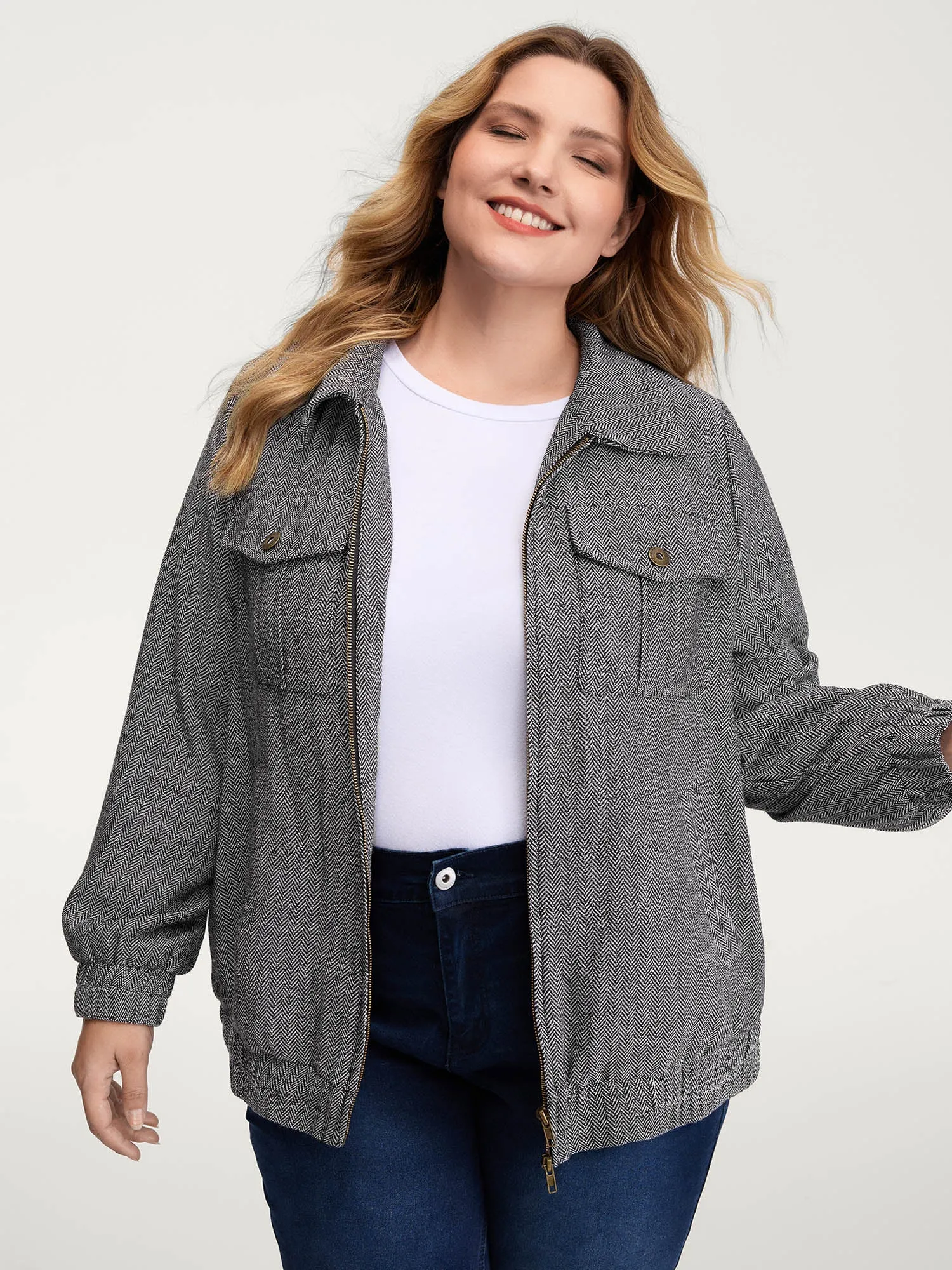 Ribbed Texture Chest Flaps Zipper Jacket sold by Bloomchic